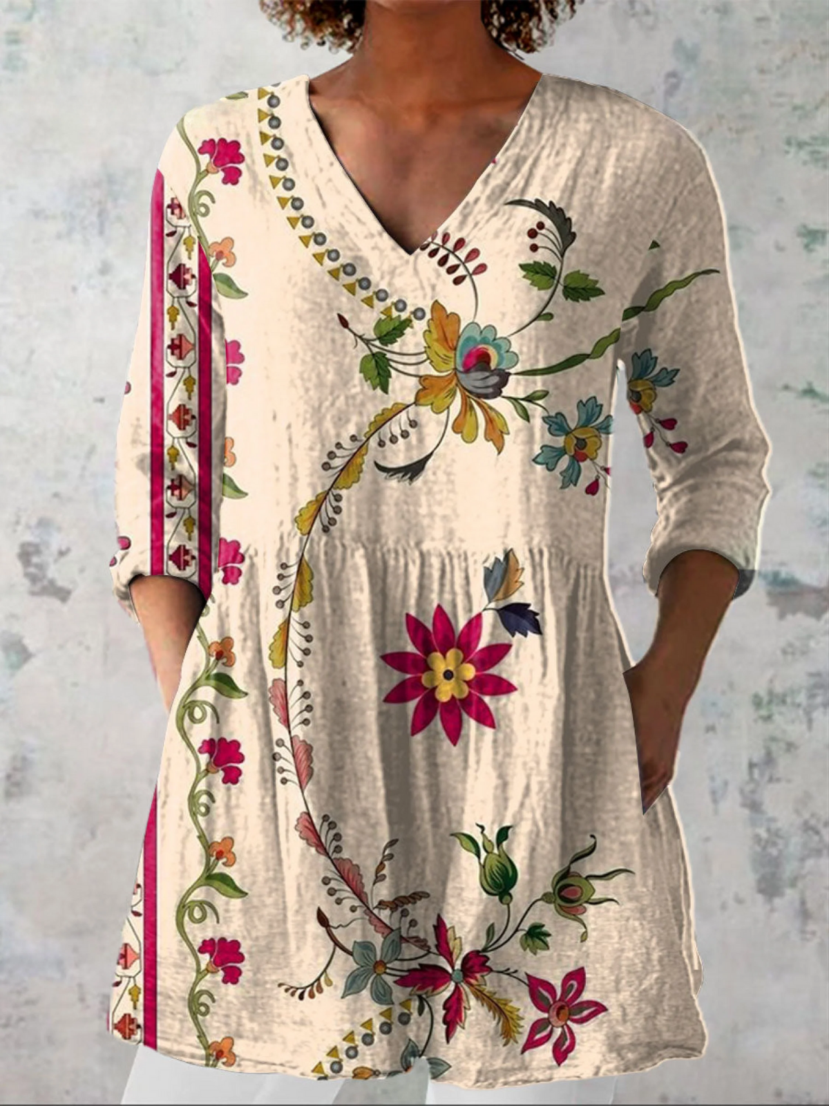 Women's Boho Flowers Art Print Casual Linen V-neck Tunic