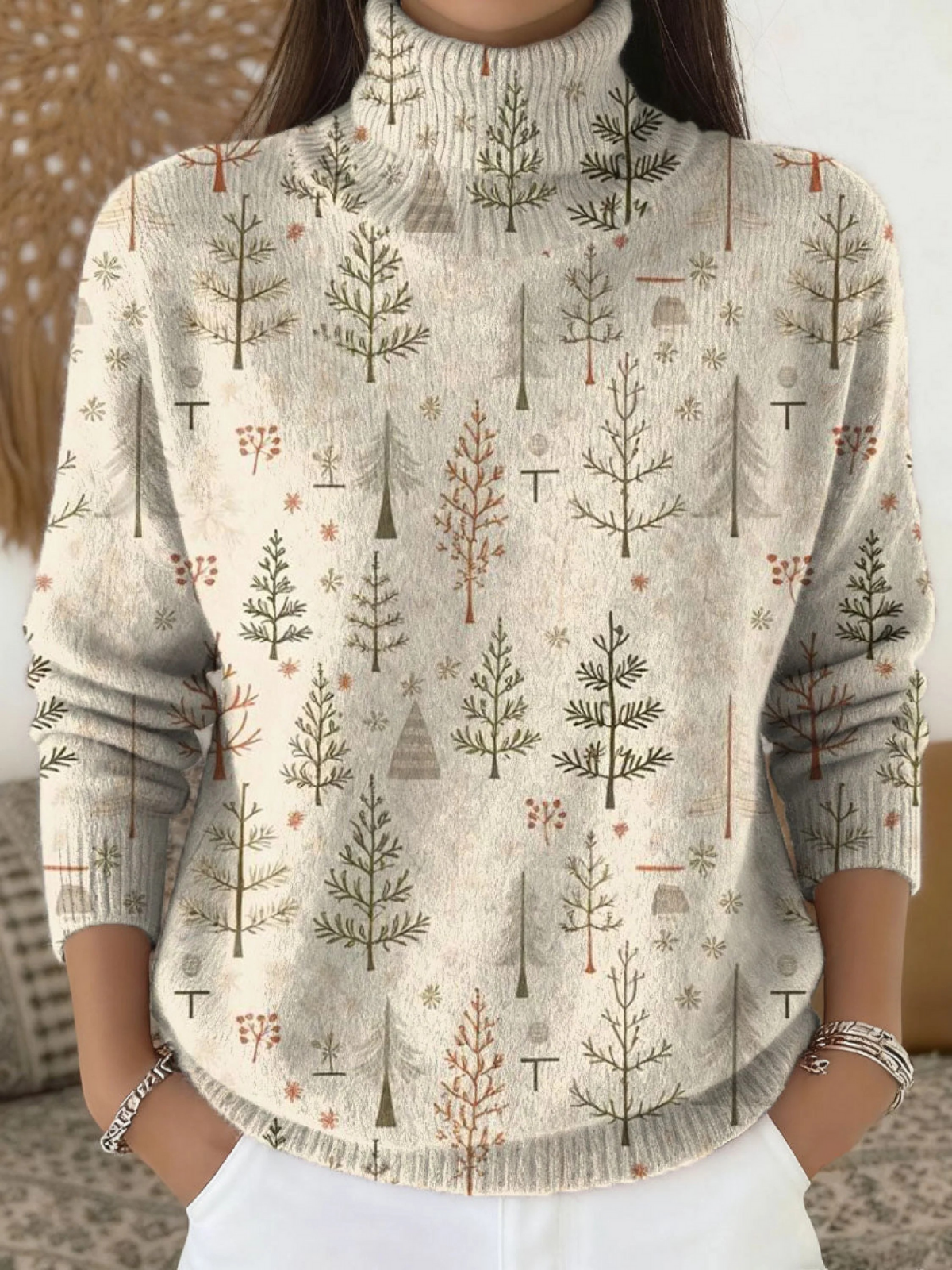 Women's Christmas Tree Art Print Knit Turtleneck Pullover Sweater