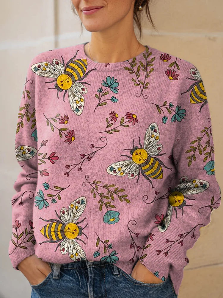 Women's Lovely Bees Floral Art Print Knit Pullover Sweater