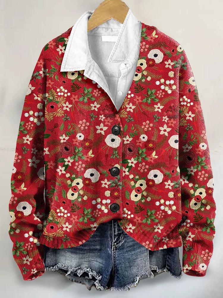 Lovely Christmas Floral Art Print Buttoned V-neck Cardigan Sweater