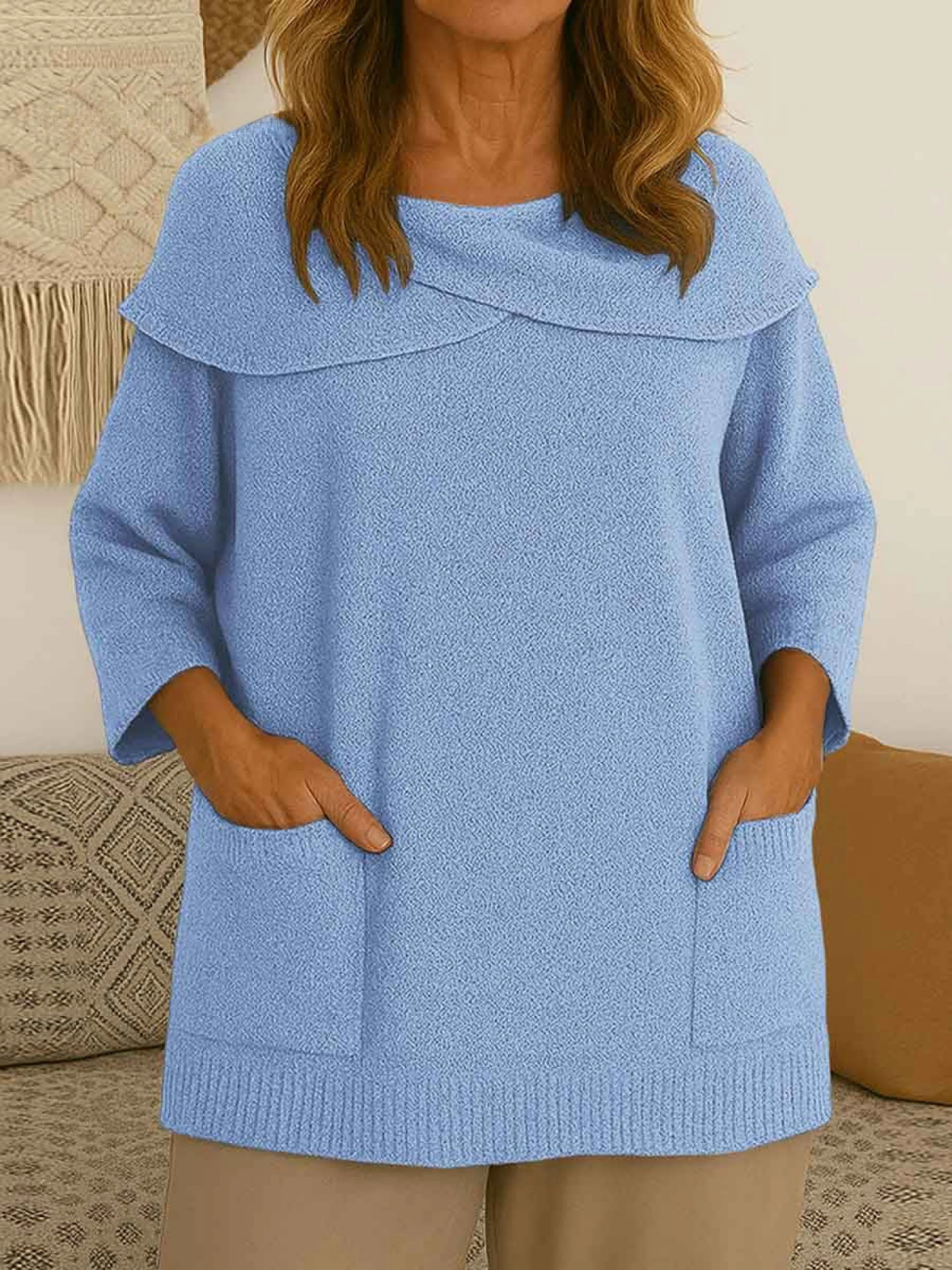 Women's Solid Color Lapel 3/4 Sleeve Casual Loose Pullover Sweater