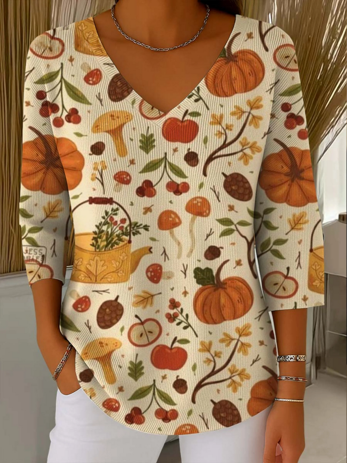 Women's Halloween Print V-Neck 3/4 Sleeve Casual Sweater