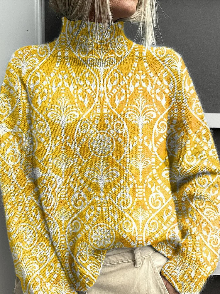 Women's Bohemian Graphic Art Print Knitted Turtleneck Pullover Sweater