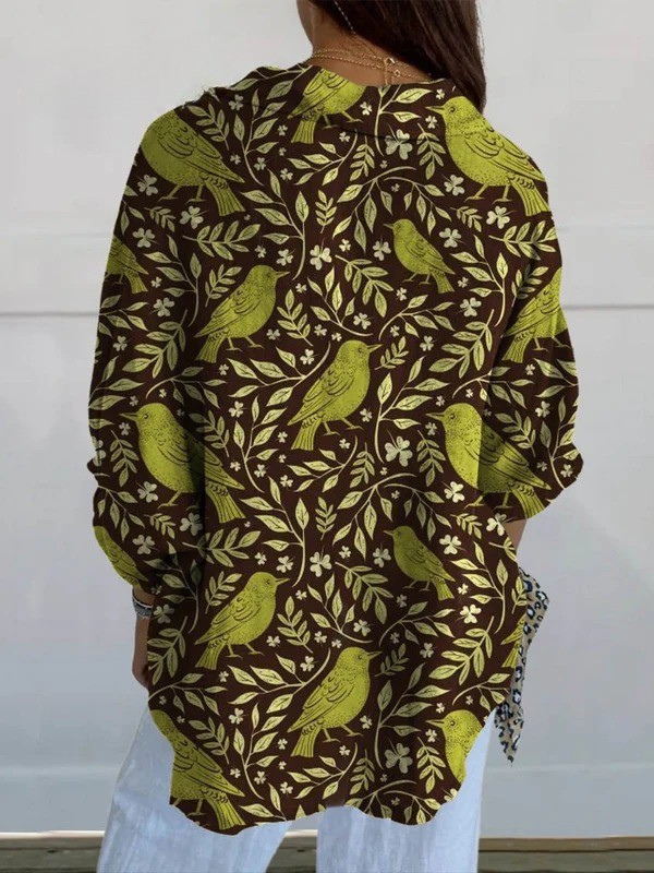 Women's Vintage Floral Birds Art Print Casual Linen V-neck Shirt