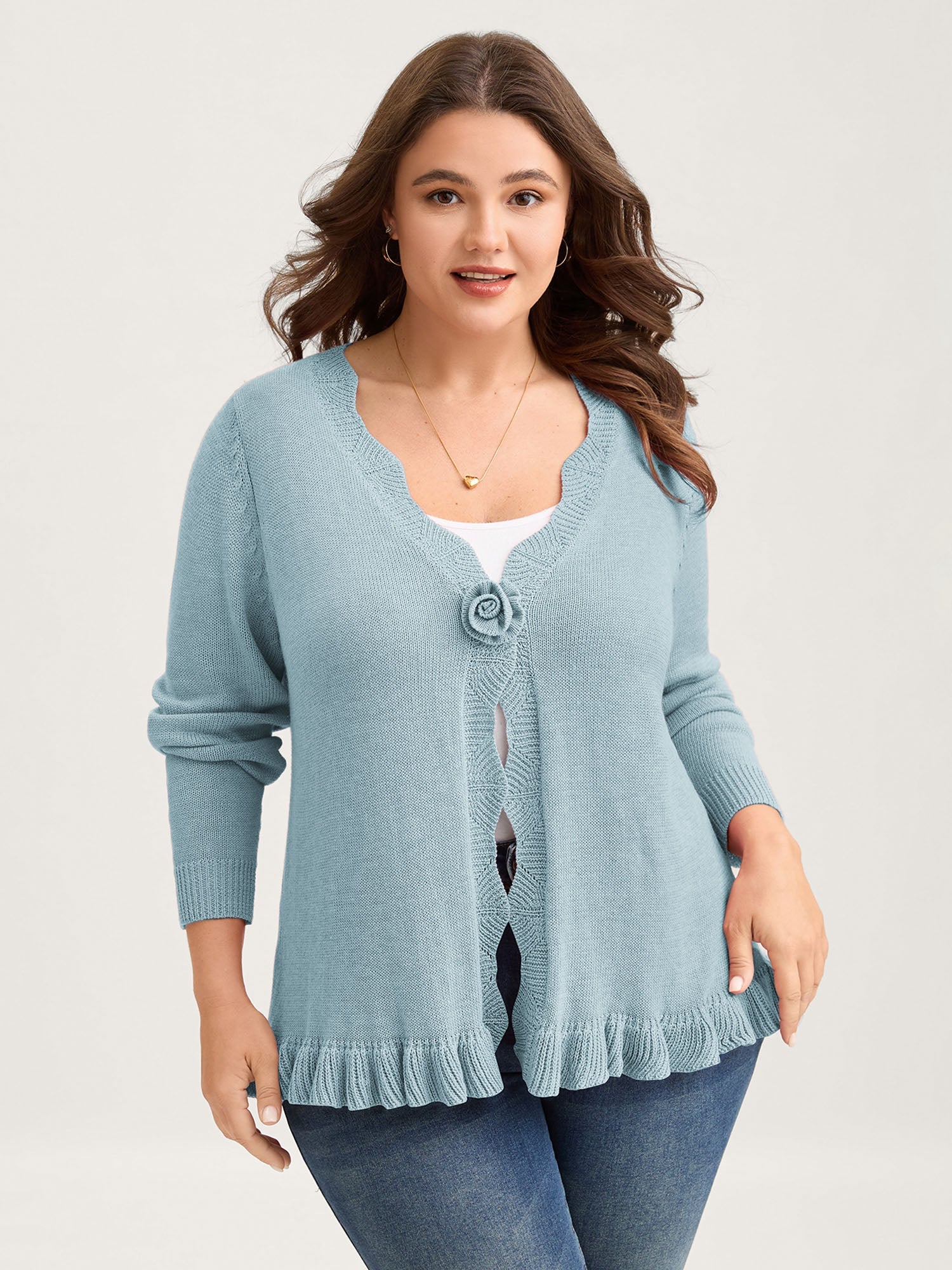 Supersoft Textured Floral Button Ruffled Hem Knit Cardigan