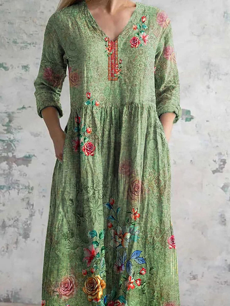 Women's Vintage Floral Print Casual Cotton Dress