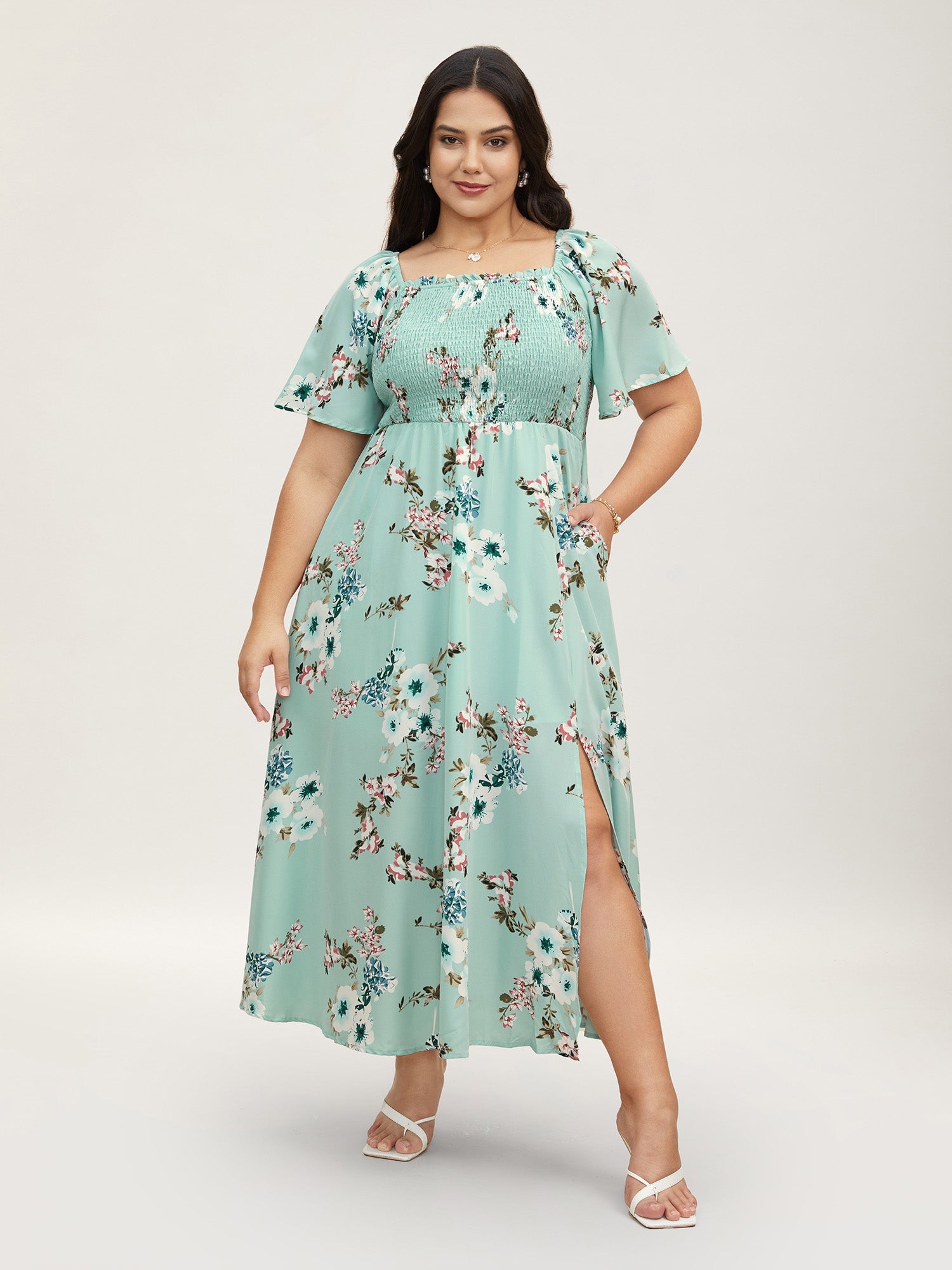 Floral Square Neck Ruffles Pocket Shirred Split Dress