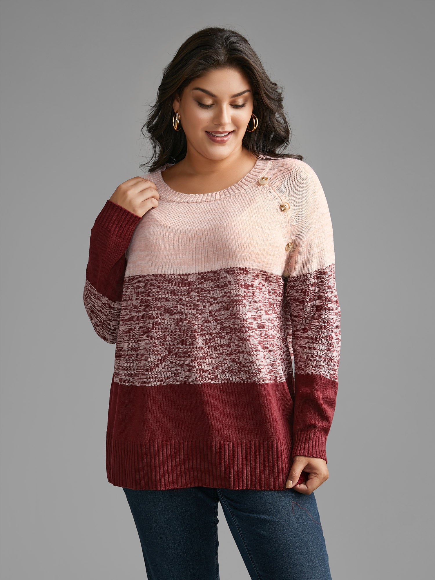 Colorblock Contrast Heather Button Detail Pullover