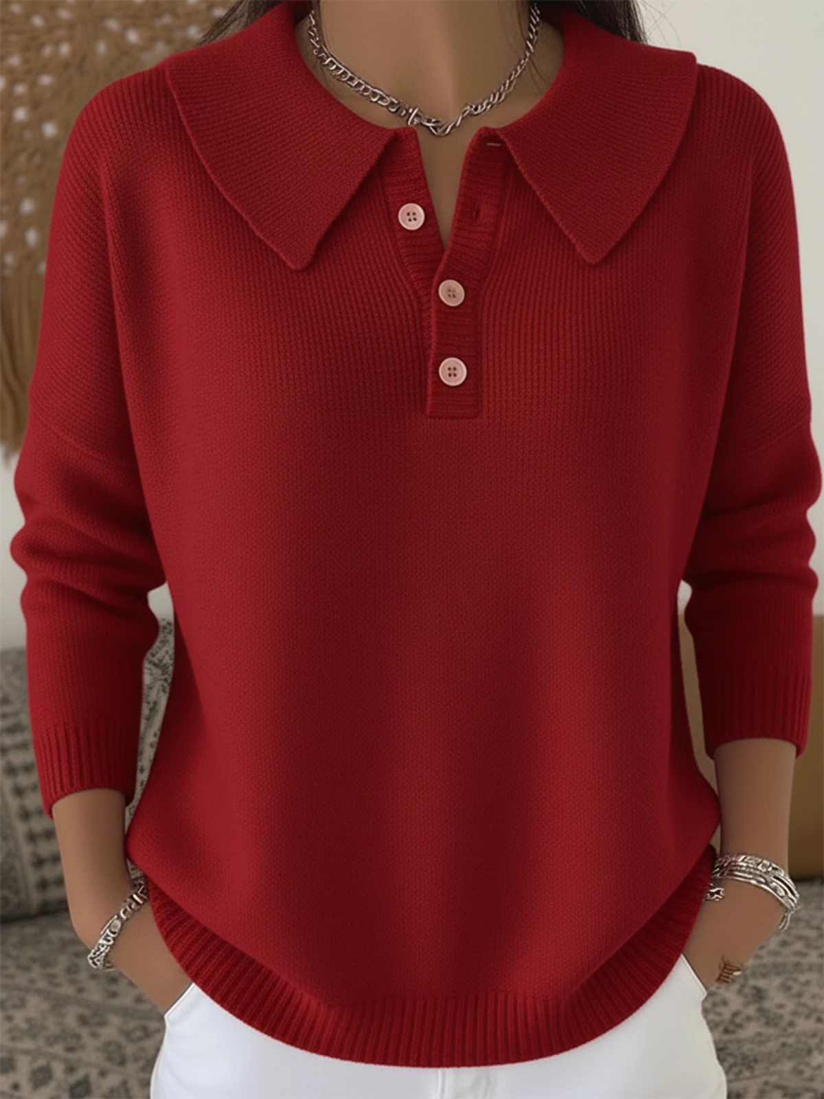 Women's Peter Pan Button Solid Color Sweater Top