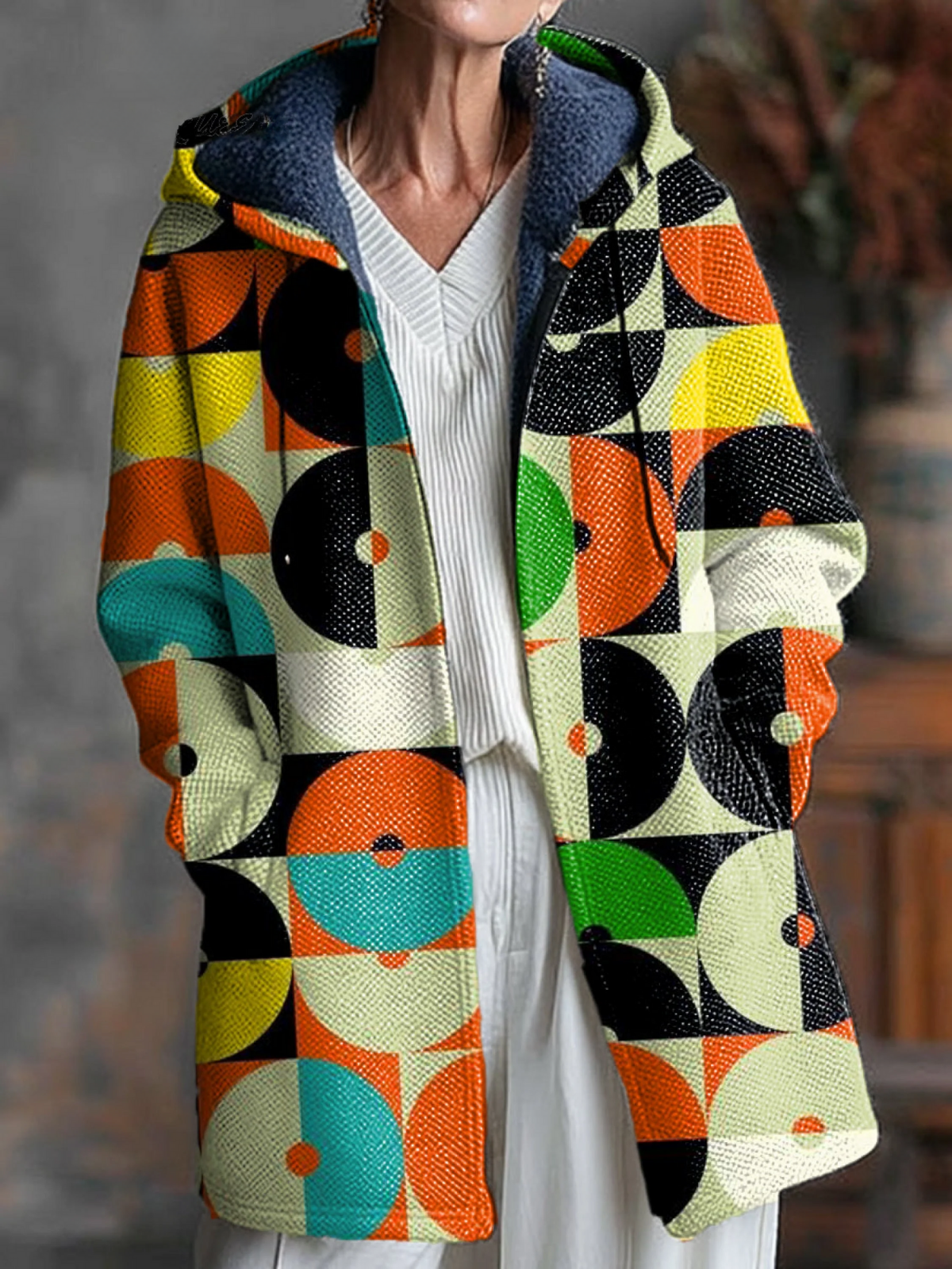 Beautiful Colorful Geometric Check Art Print Unisex Plush Thick Long-Sleeved Sweater Cardigan Coat