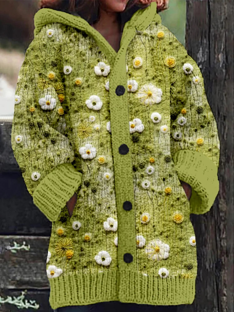Wildflowers Felt Art Cozy Hooded Cardigan