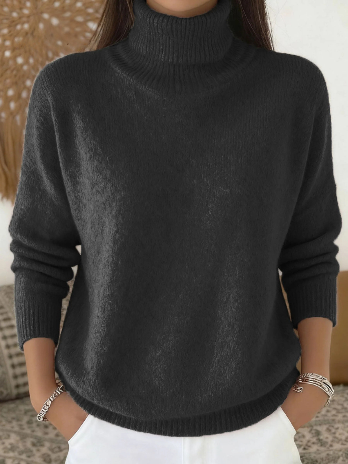 Women's Solid Color Casual Knit Turtleneck Pullover Sweater