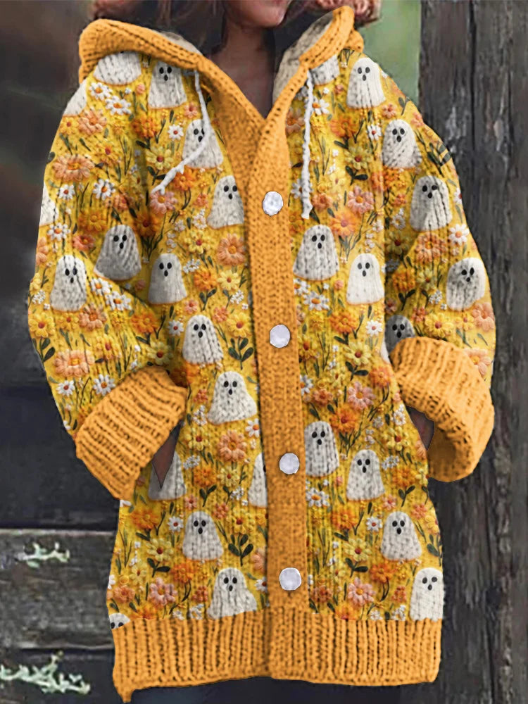 Vintage Floral Ghost Embroidered Knit Hooded Cardigan