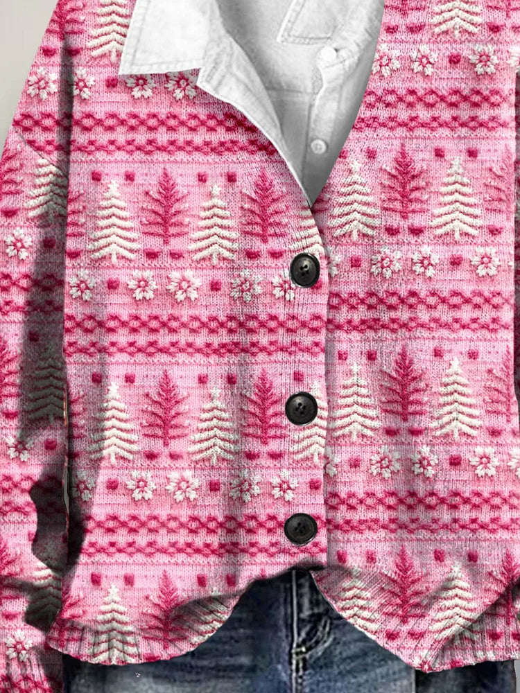 Cute Pink Christmas Tree Art Print Buttoned V-neck Cardigan Sweater