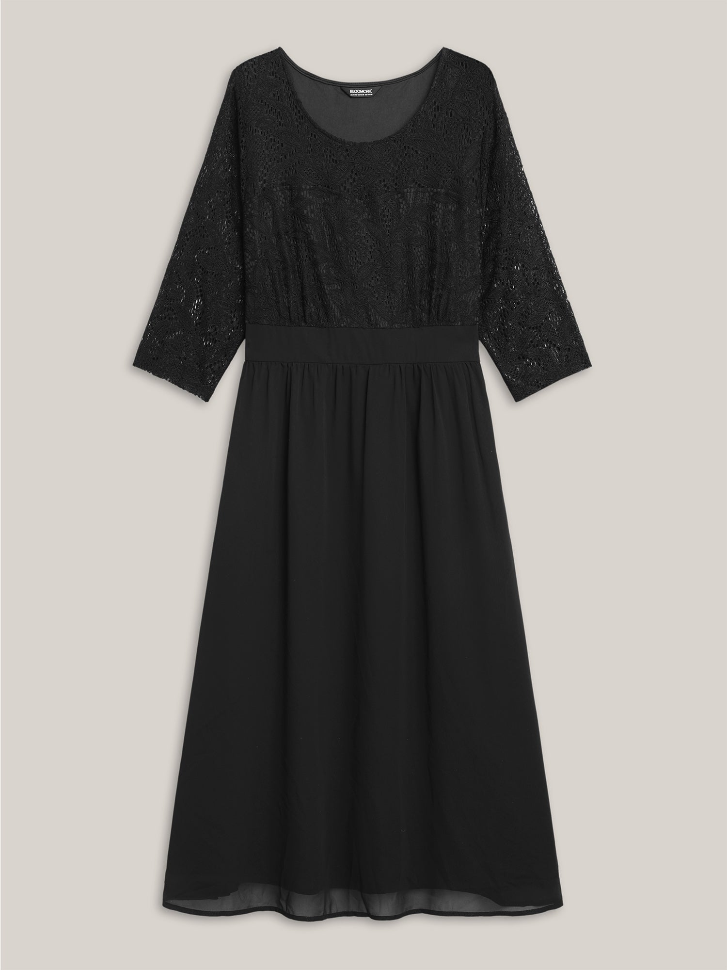 Lace Patchwork Shirred Midi Pocket Dress