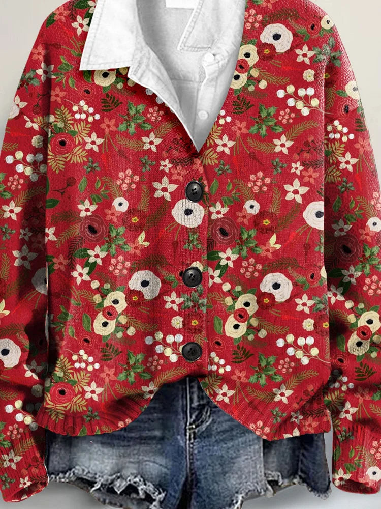 Lovely Christmas Floral Art Print Buttoned V-neck Cardigan Sweater