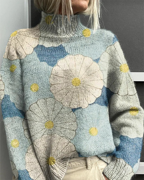 Women's Japanese Floral Print Casual Knit Turtleneck Sweater