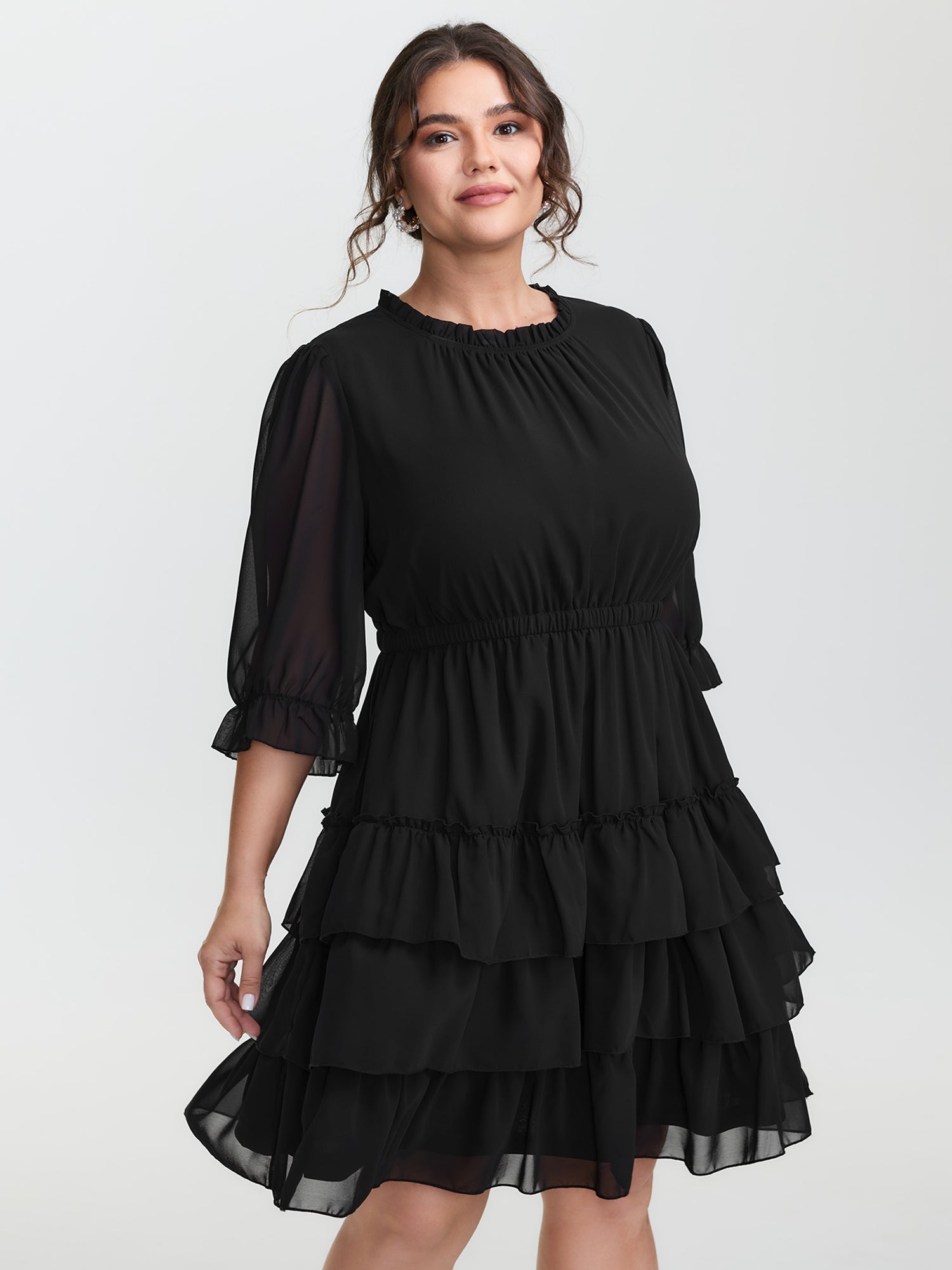 Three-Quarter Sleeve Tulle Skirt Knee-Length Dress