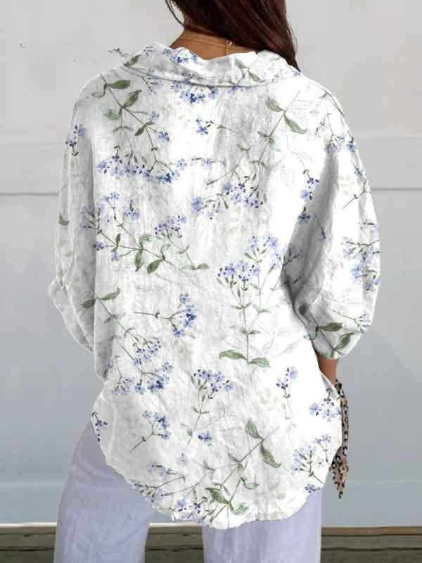 Women's Purple Floral Print Casual Linen V-neck Shirt