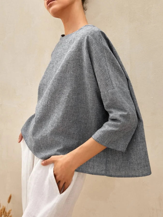 Women's Linen Casual Round Neck Casual Long Sleeve Top