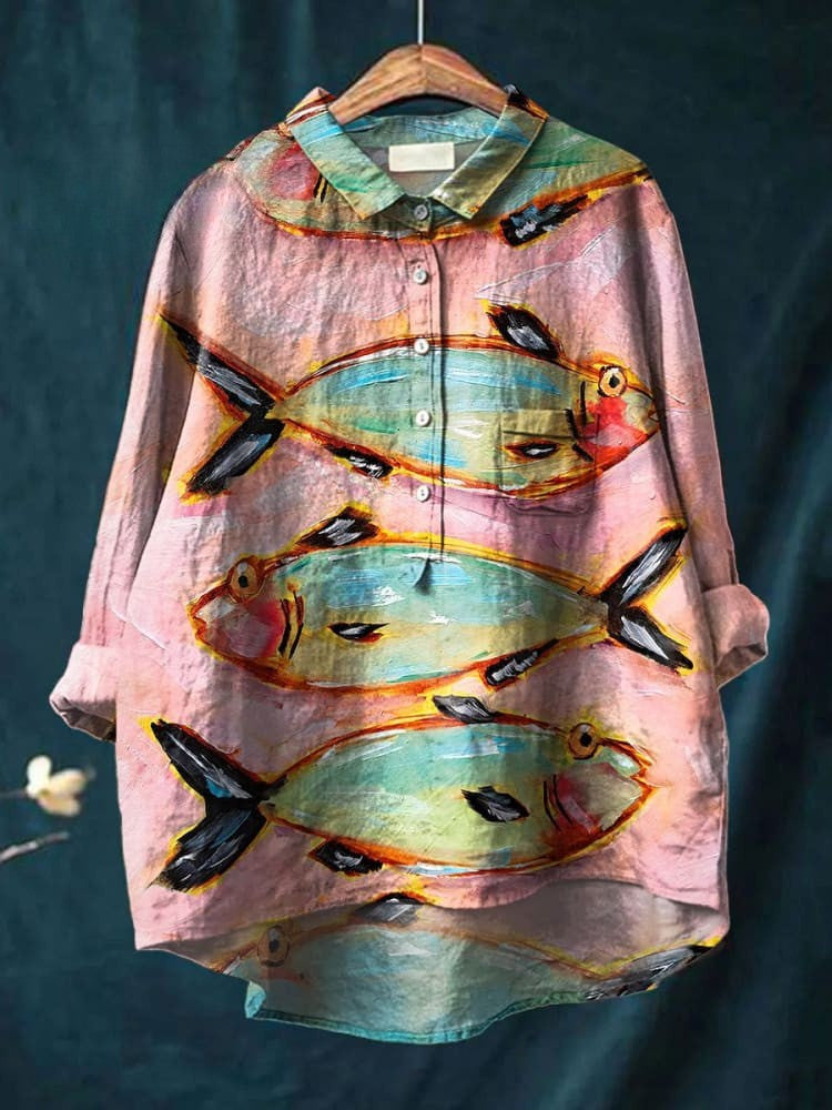 Women's Vintage Fish Art Print Casual Linen Shirt