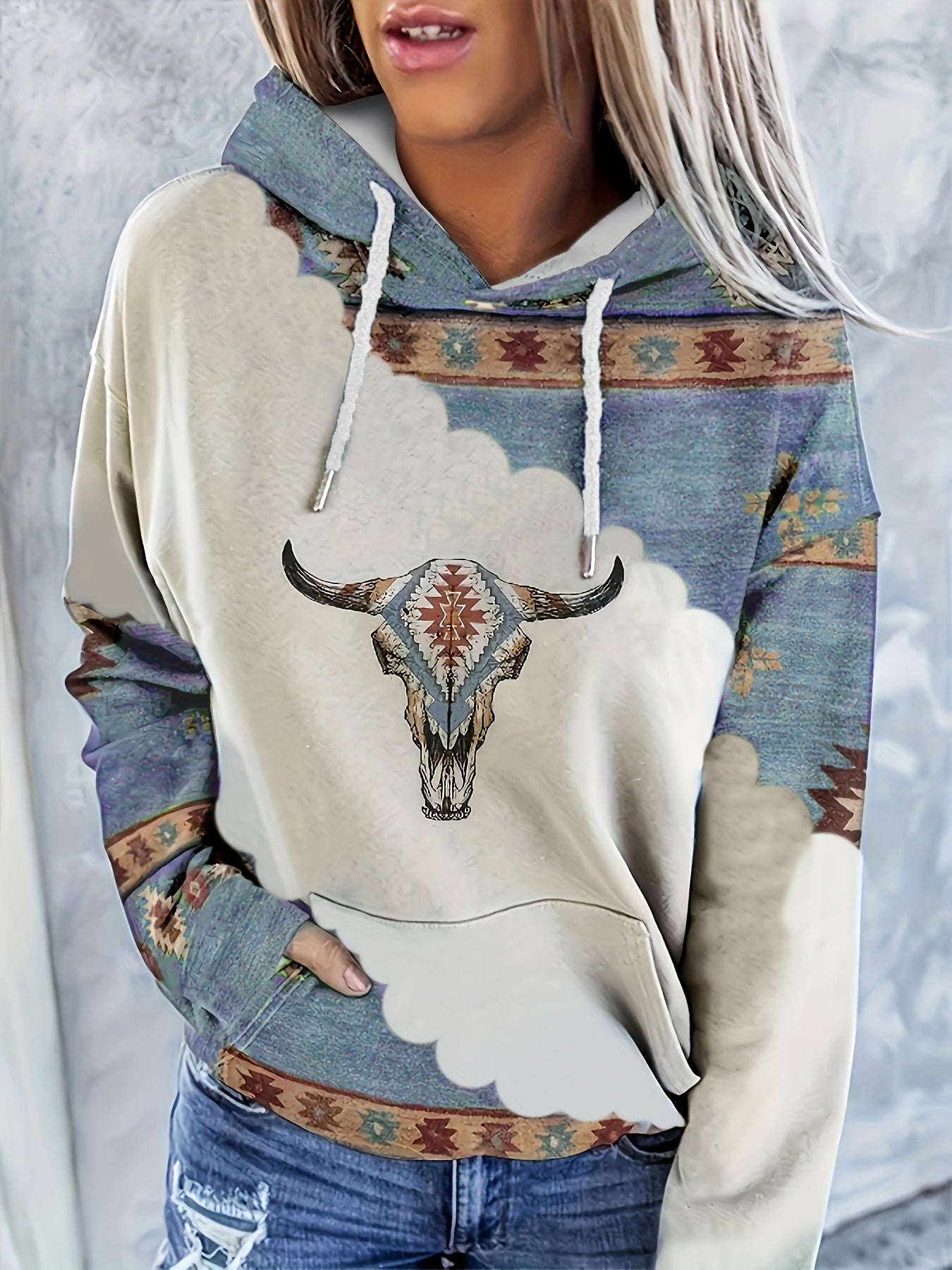 Women's Casual Western Bohemian Pullover Hoodie - Retro Ethnic Print Round Neck Sweatshirt with Adjustable Drawstring, Machine Washable All-Season Comfort, Cute Sweatshirts
