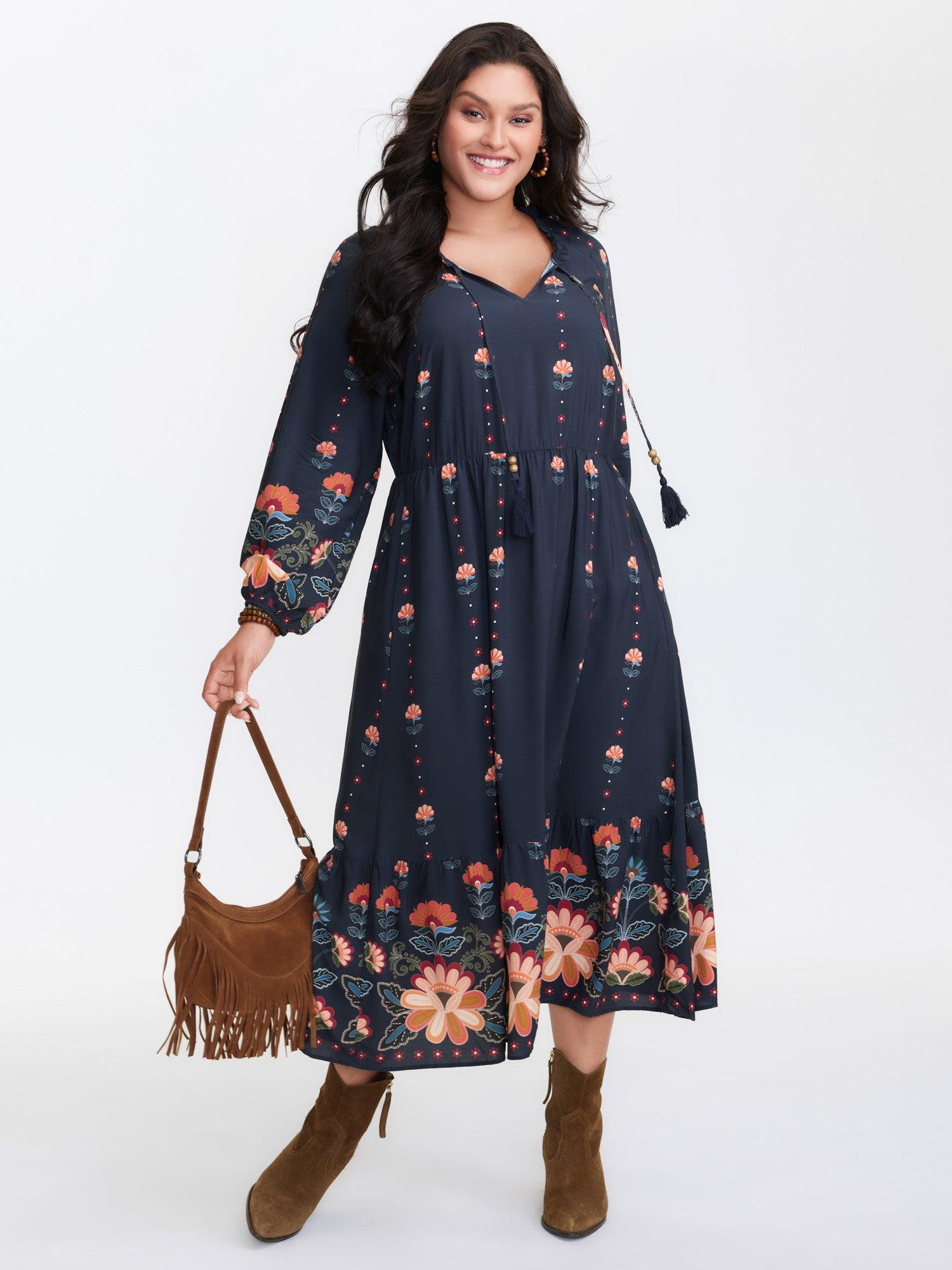 Boho Print Neck Tie Maxi Dress