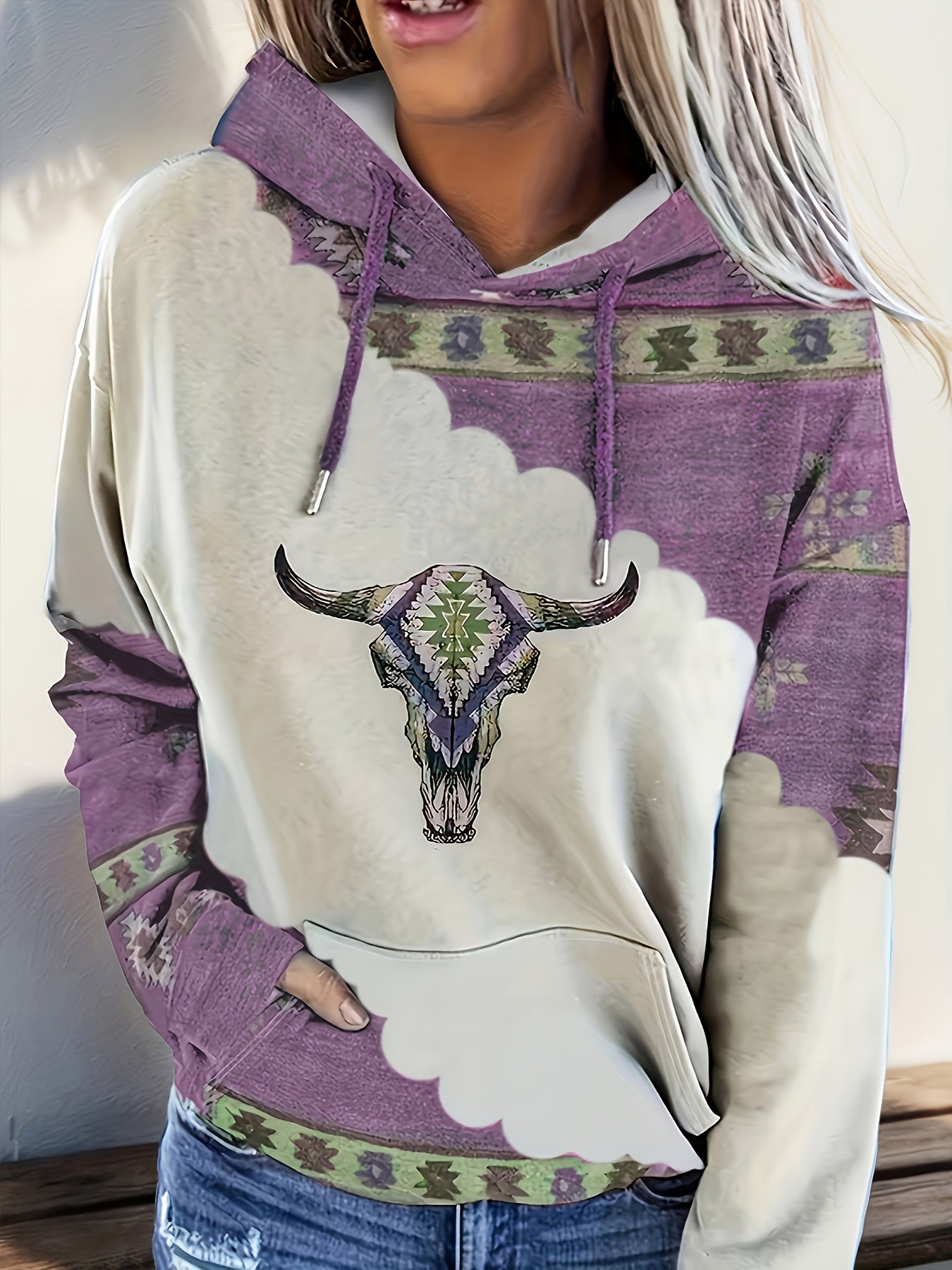Women's Casual Western Bohemian Pullover Hoodie - Retro Ethnic Print Round Neck Sweatshirt with Adjustable Drawstring, Machine Washable All-Season Comfort, Cute Sweatshirts