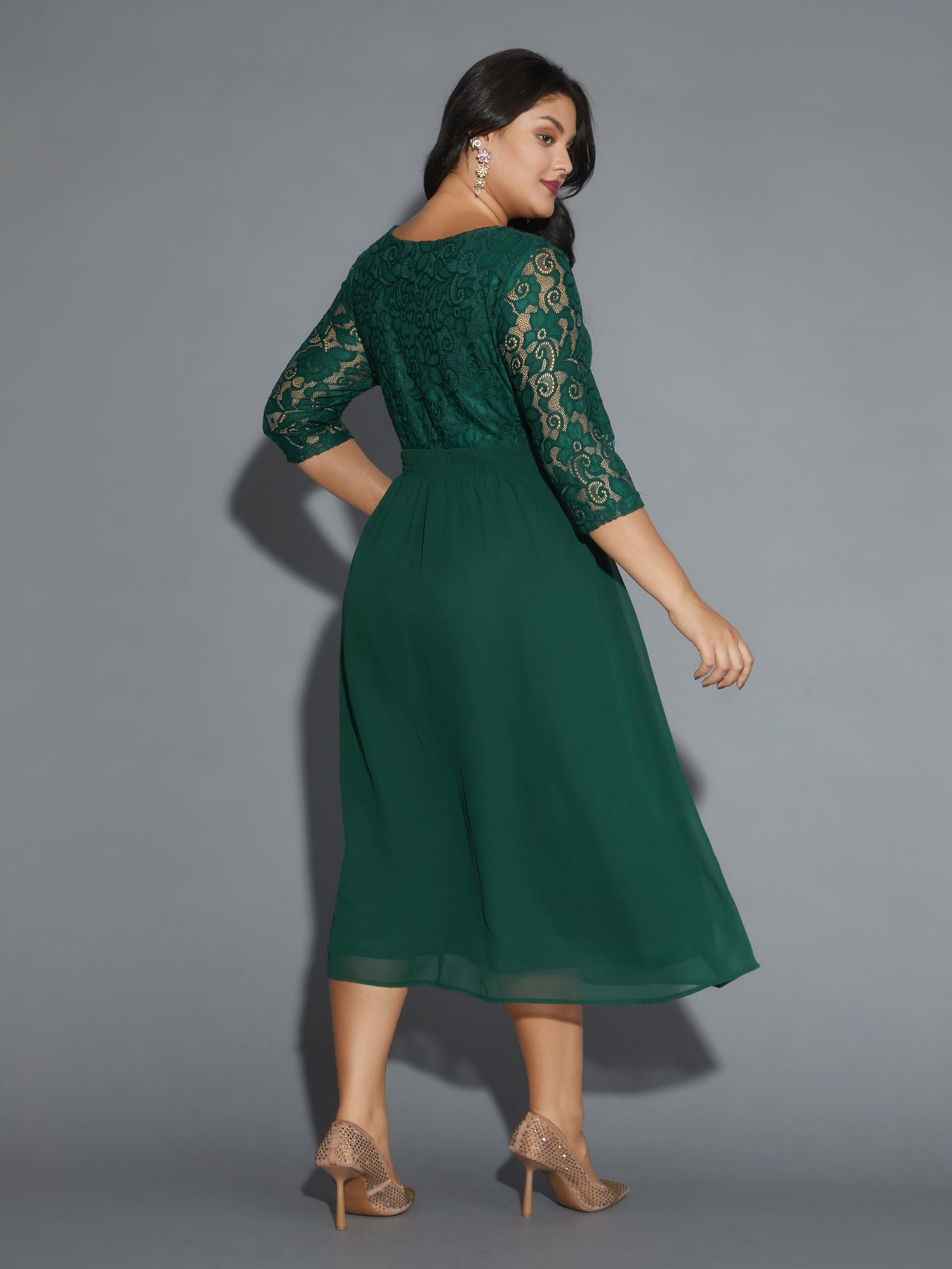 Lace Patchwork Shirred Midi Pocket Dress