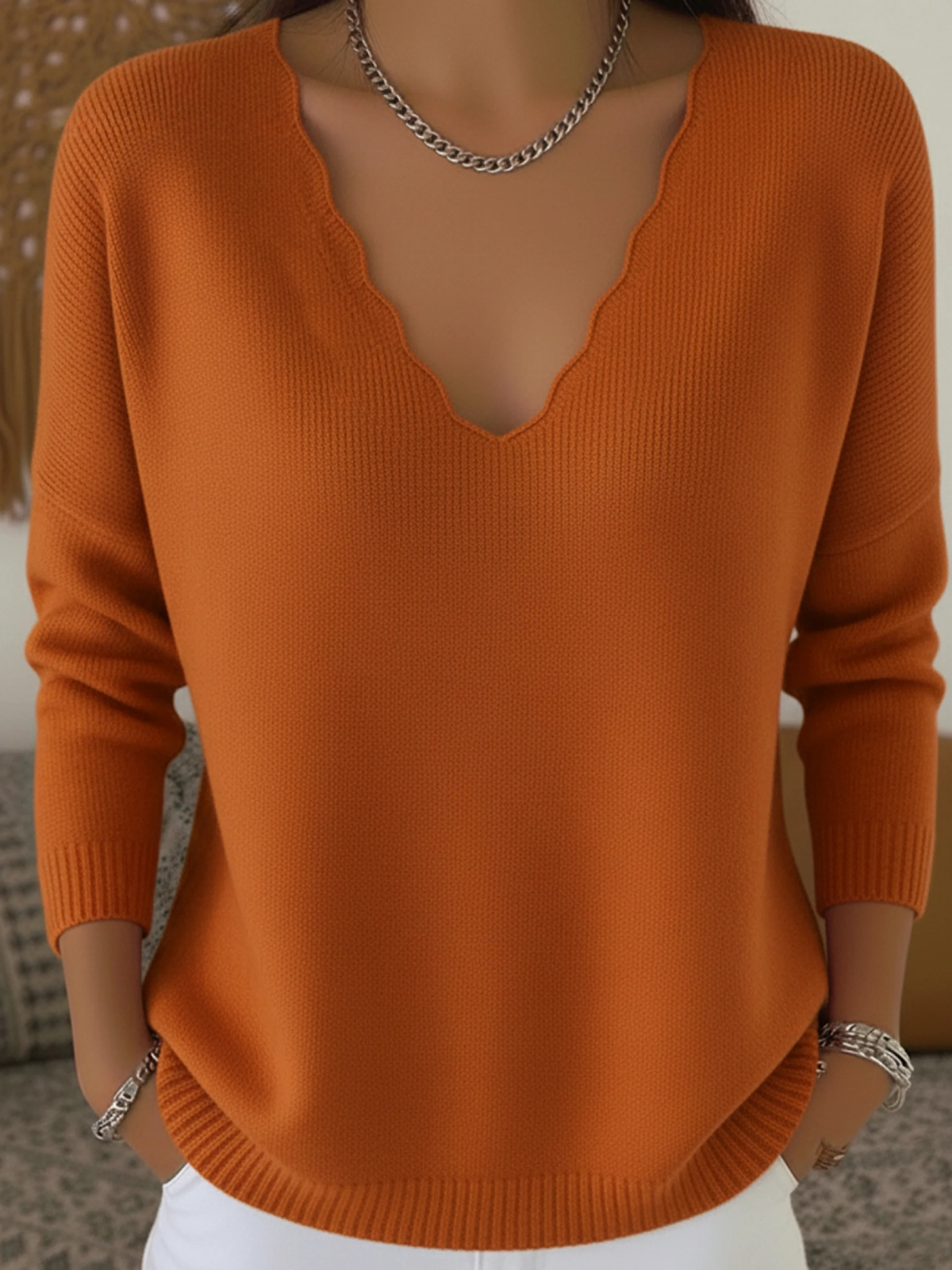 Women's Elegant Wavy Edge V-Neck Sweater Top