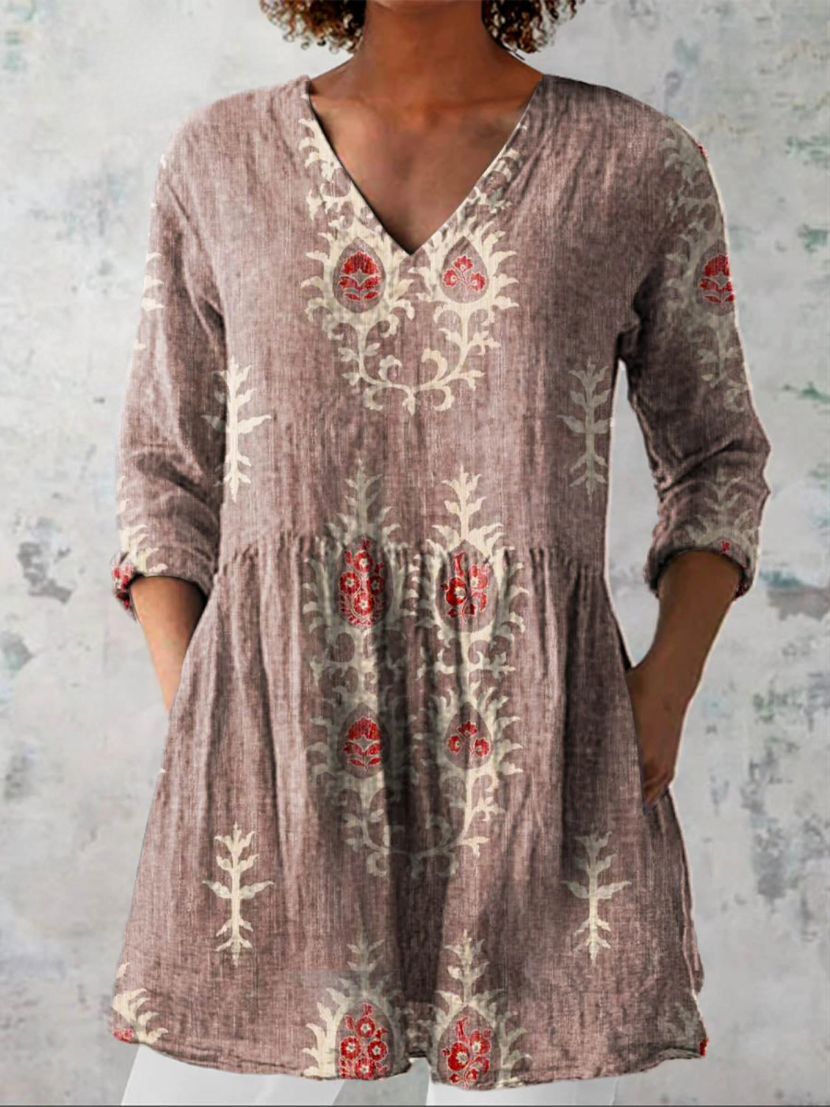 Women's Vintage Ethnic Pattern Art Print Casual Linen V-neck Tunic