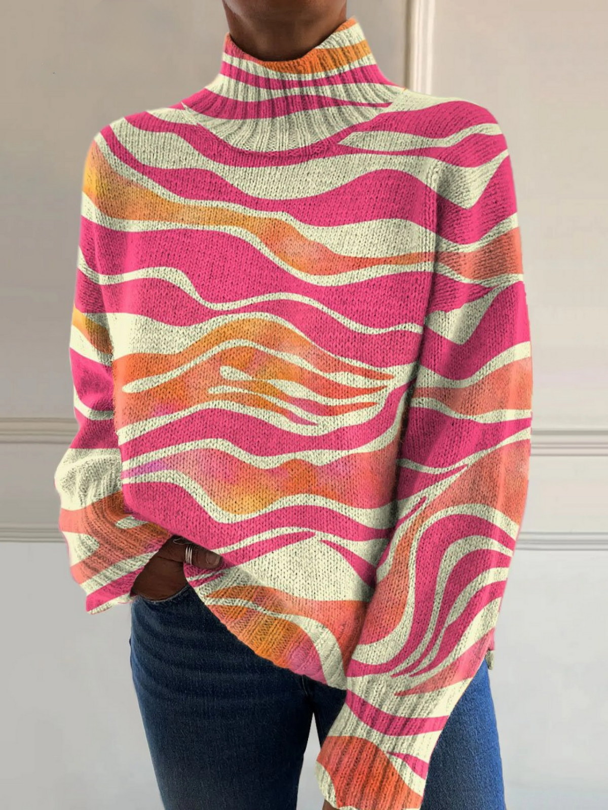 Vintage Color Block Stripes Knit Turtleneck Pullover Sweater