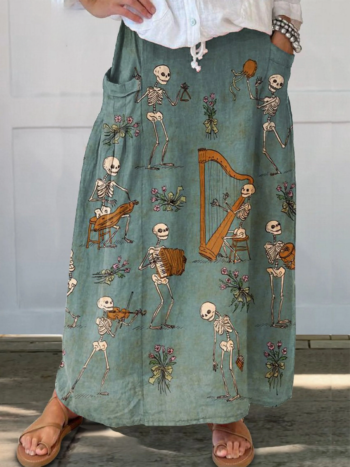 Women's Retro Skull Music Flower Art Print Linen Pocket Skirt