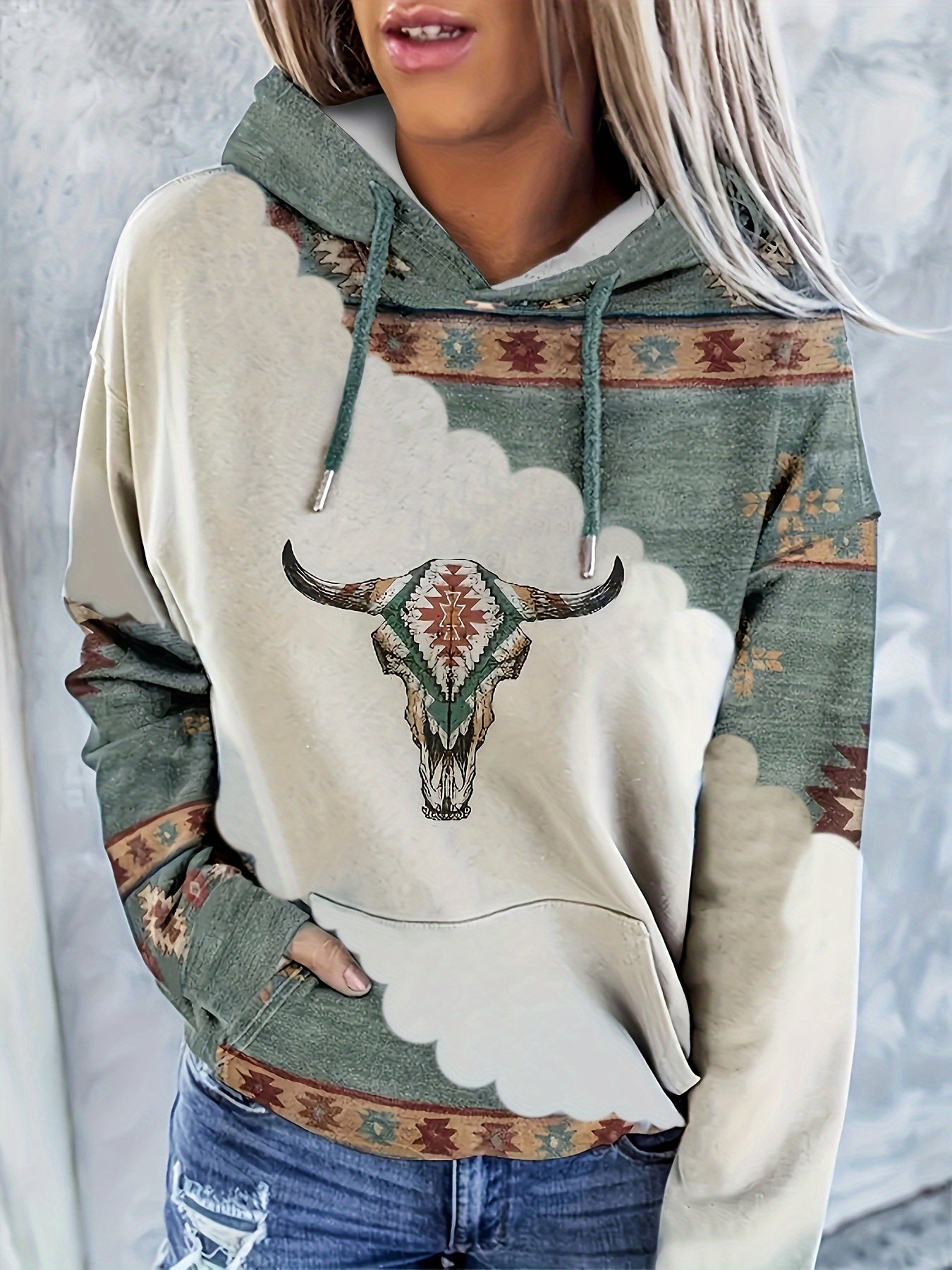 Women's Casual Western Bohemian Pullover Hoodie - Retro Ethnic Print Round Neck Sweatshirt with Adjustable Drawstring, Machine Washable All-Season Comfort, Cute Sweatshirts