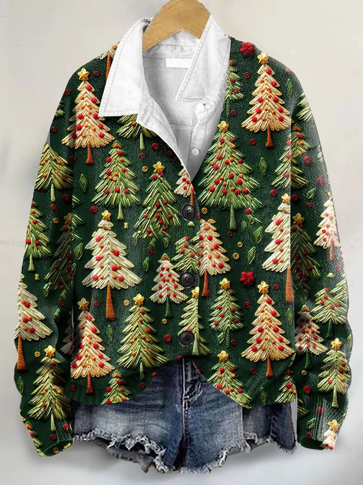 Cute Christmas Tree 3D Art Print Buttoned V-neck Cardigan Sweater