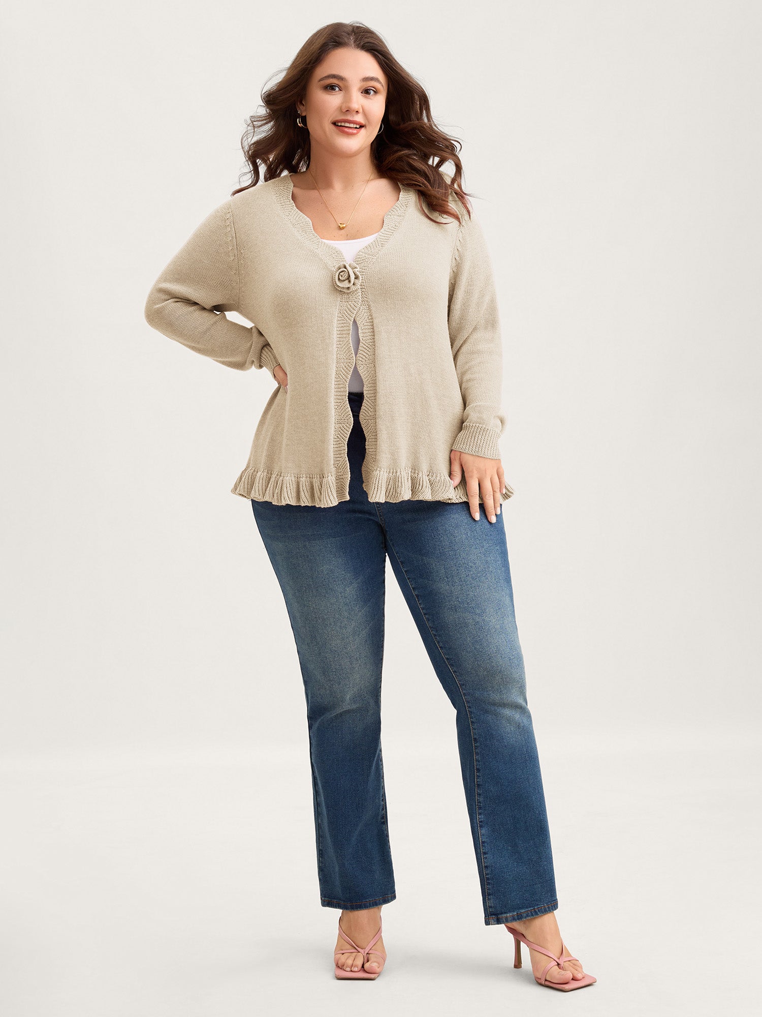 Supersoft Textured Floral Button Ruffled Hem Knit Cardigan