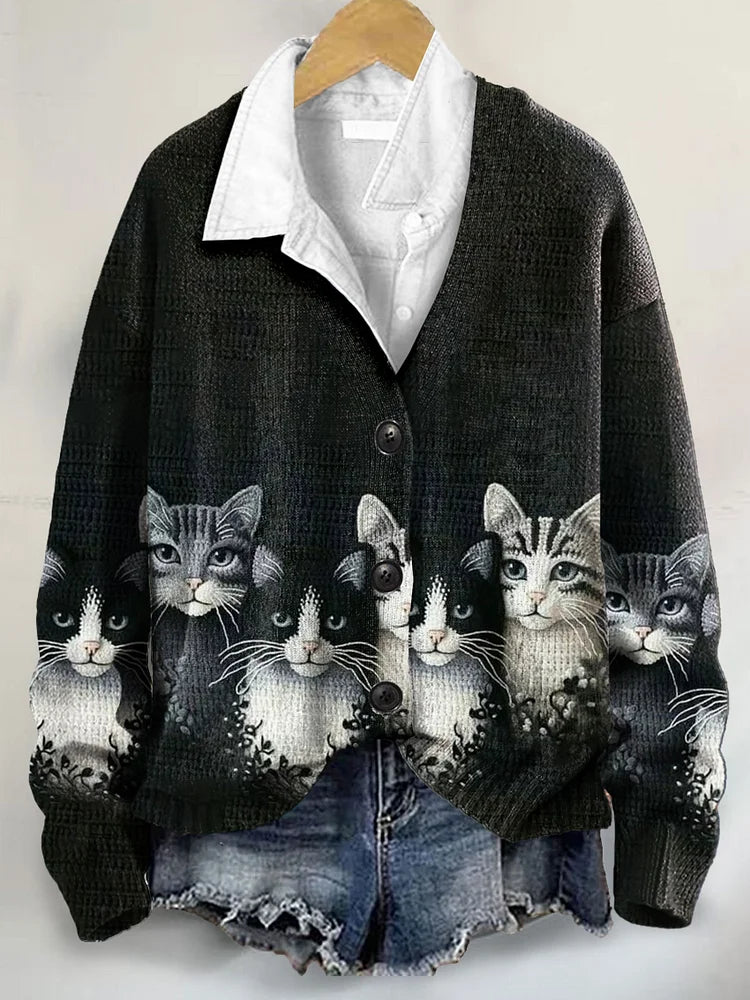 Cat Art Print Buttoned V-neck Cardigan Sweater