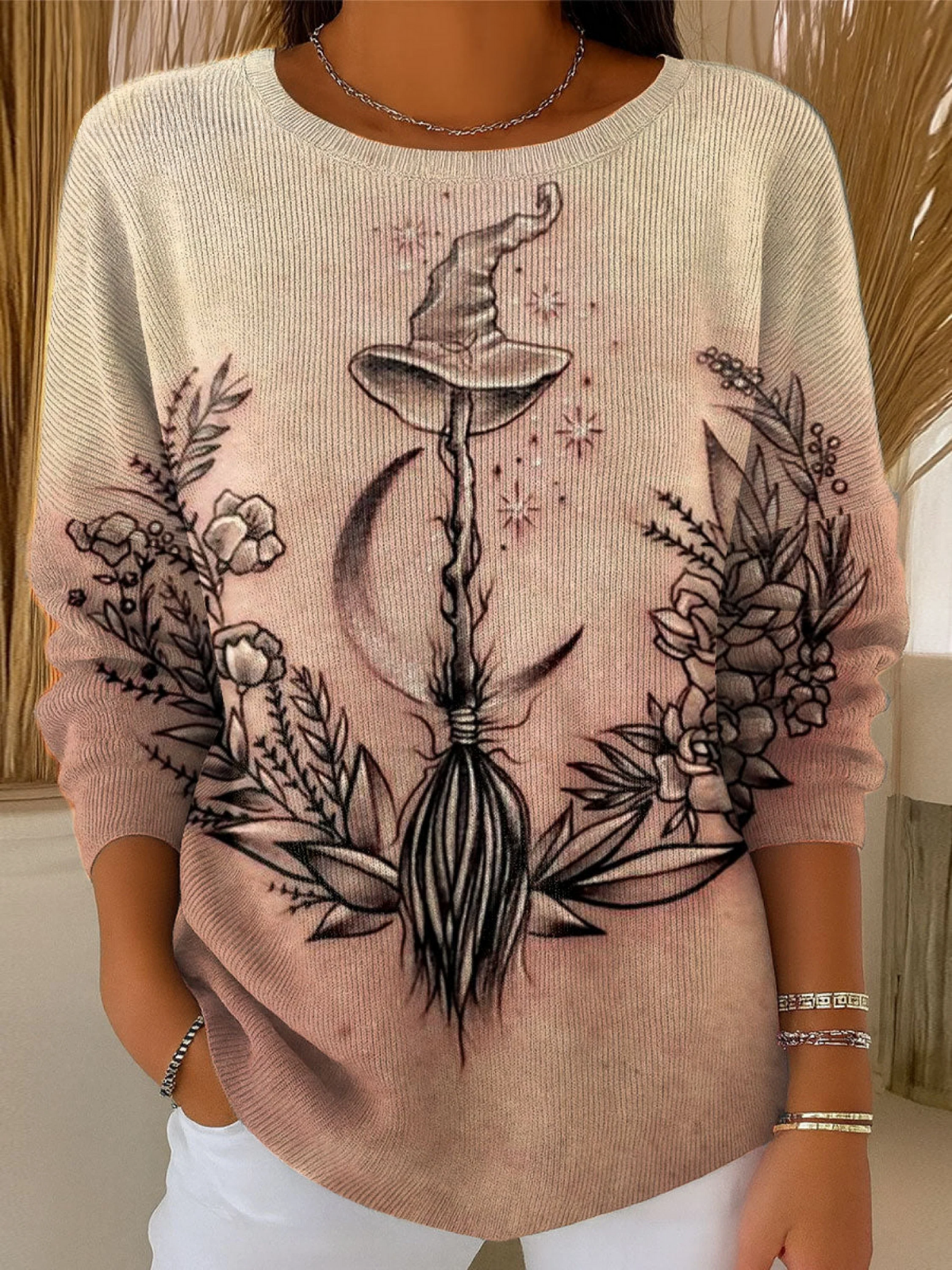 Women's Halloween Witch Art Print Casual Pullover Sweater