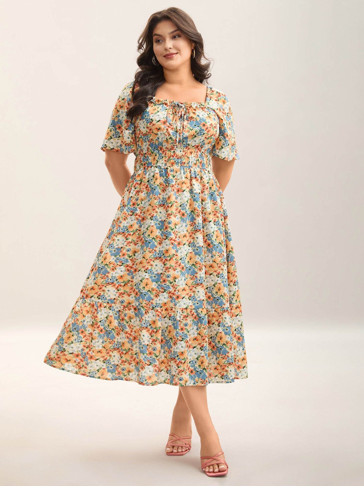 Smocked Waist Floral Ties Tiered Maxi Dress