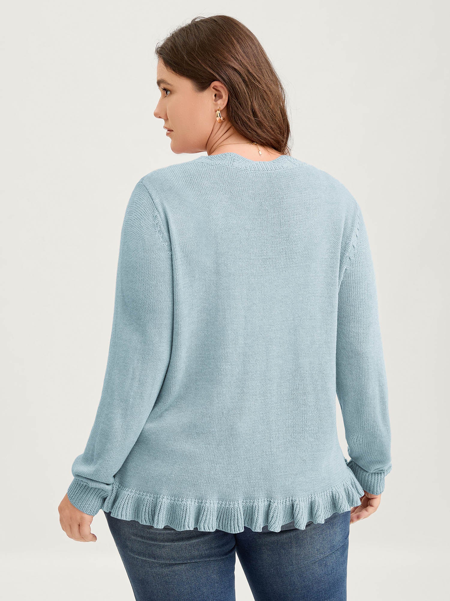 Supersoft Textured Floral Button Ruffled Hem Knit Cardigan