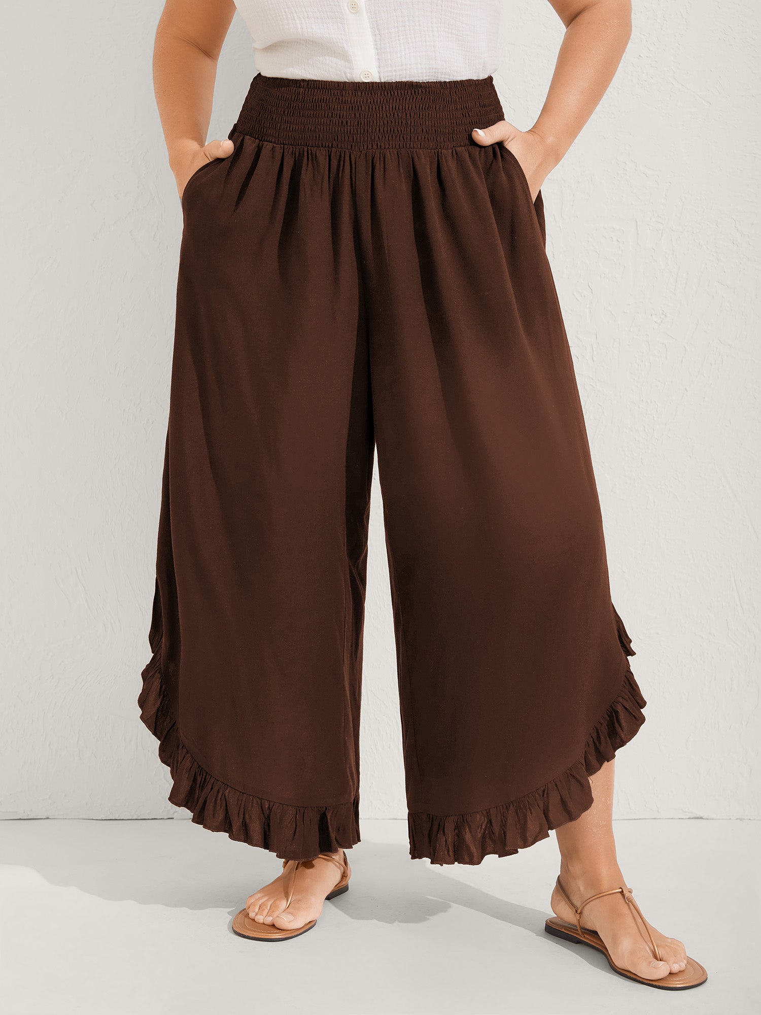 Ruffled Curvy Hem Wide-Leg Pants