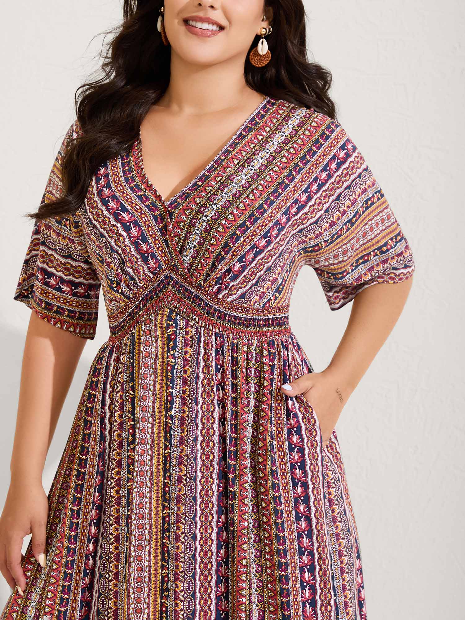 Striped Contrast Dolman Sleeve Shirred Pocket Split Flutter Dress