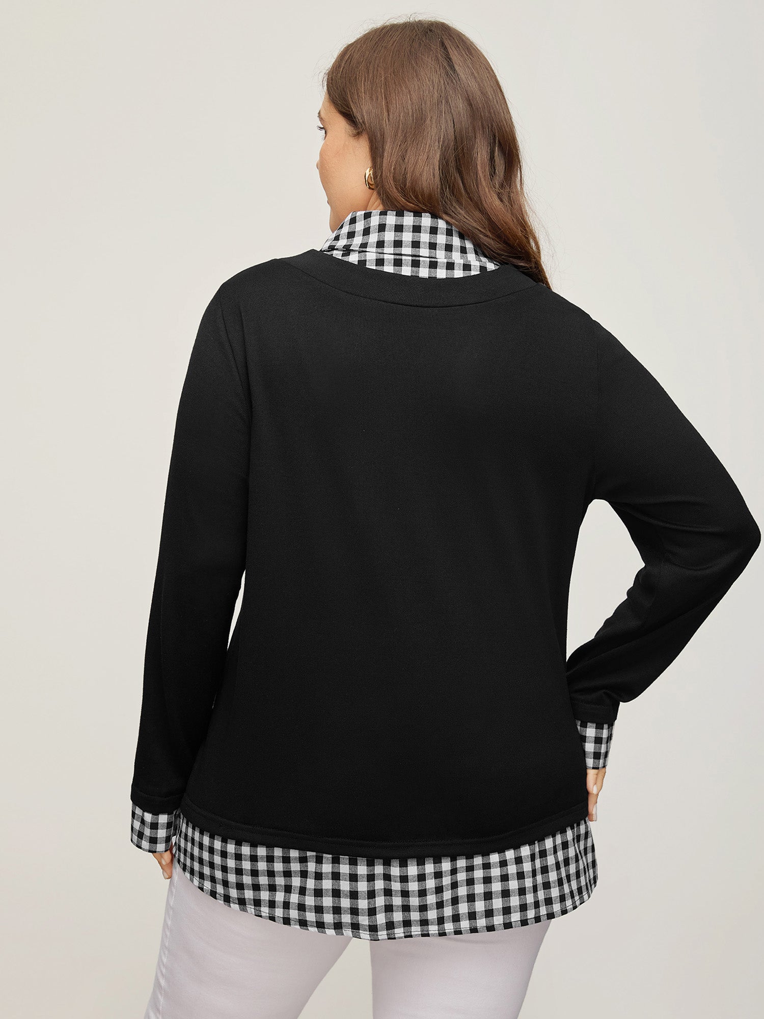 Gingham Patchwork Shirt Collar Arc Hem Sweatshirt