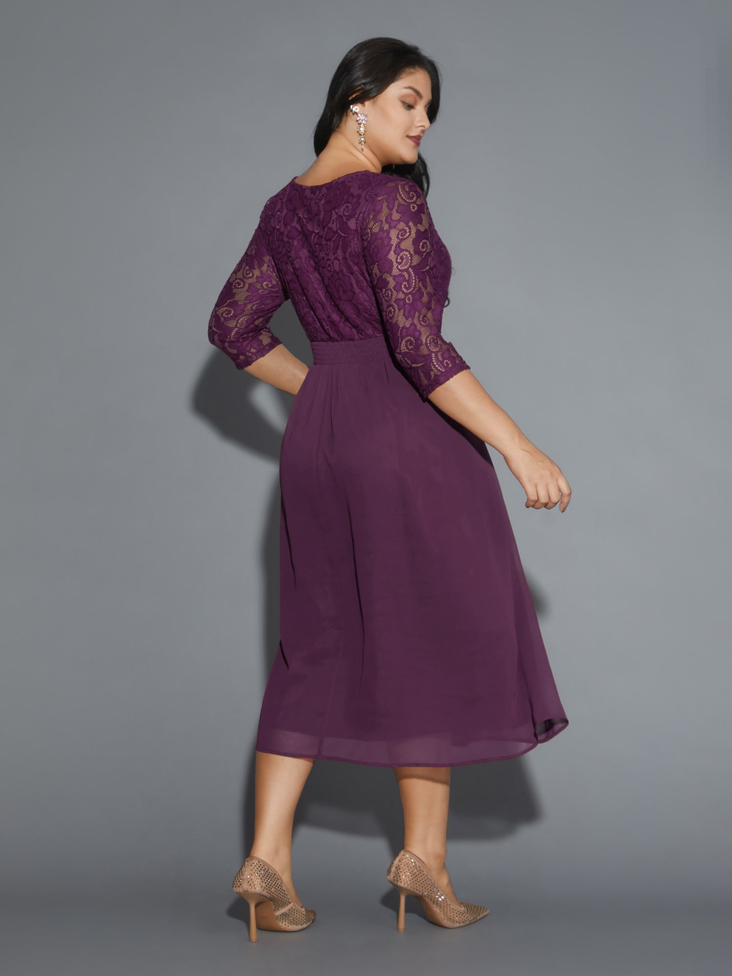 Lace Patchwork Shirred Midi Pocket Dress