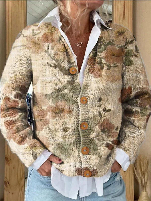 Vintage Beautiful Branch Flower Art Pattern Print Buttoned Cardigan Sweater