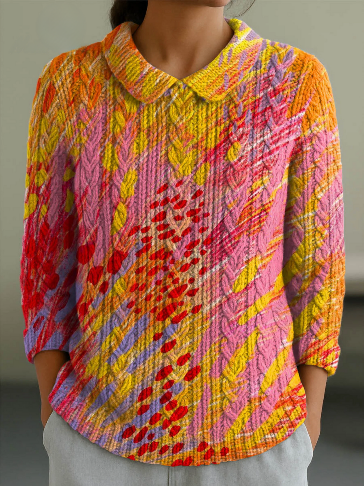 Women's Abstract Pattern Art Print Casual Peter Pan Collar 3/4 Sleeve Sweater