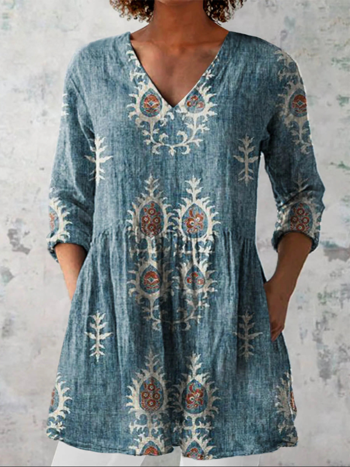 Women's Vintage Ethnic Pattern Art Print Casual Linen V-neck Tunic