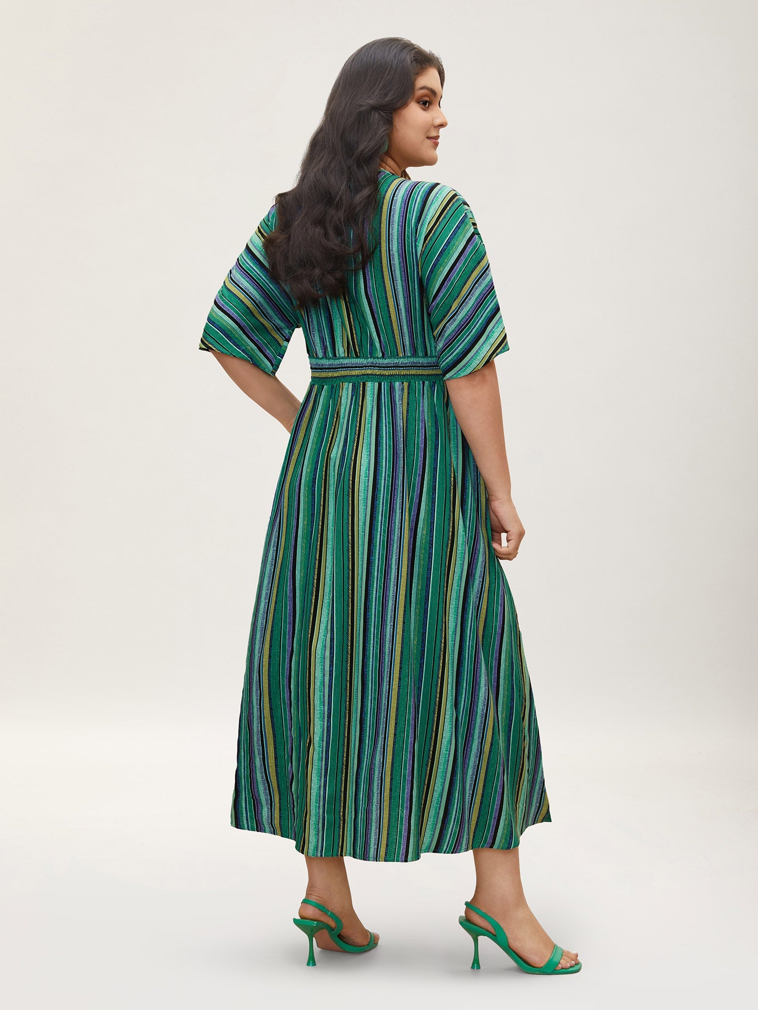 Striped Contrast Dolman Sleeve Shirred Pocket Split Flutter Dress