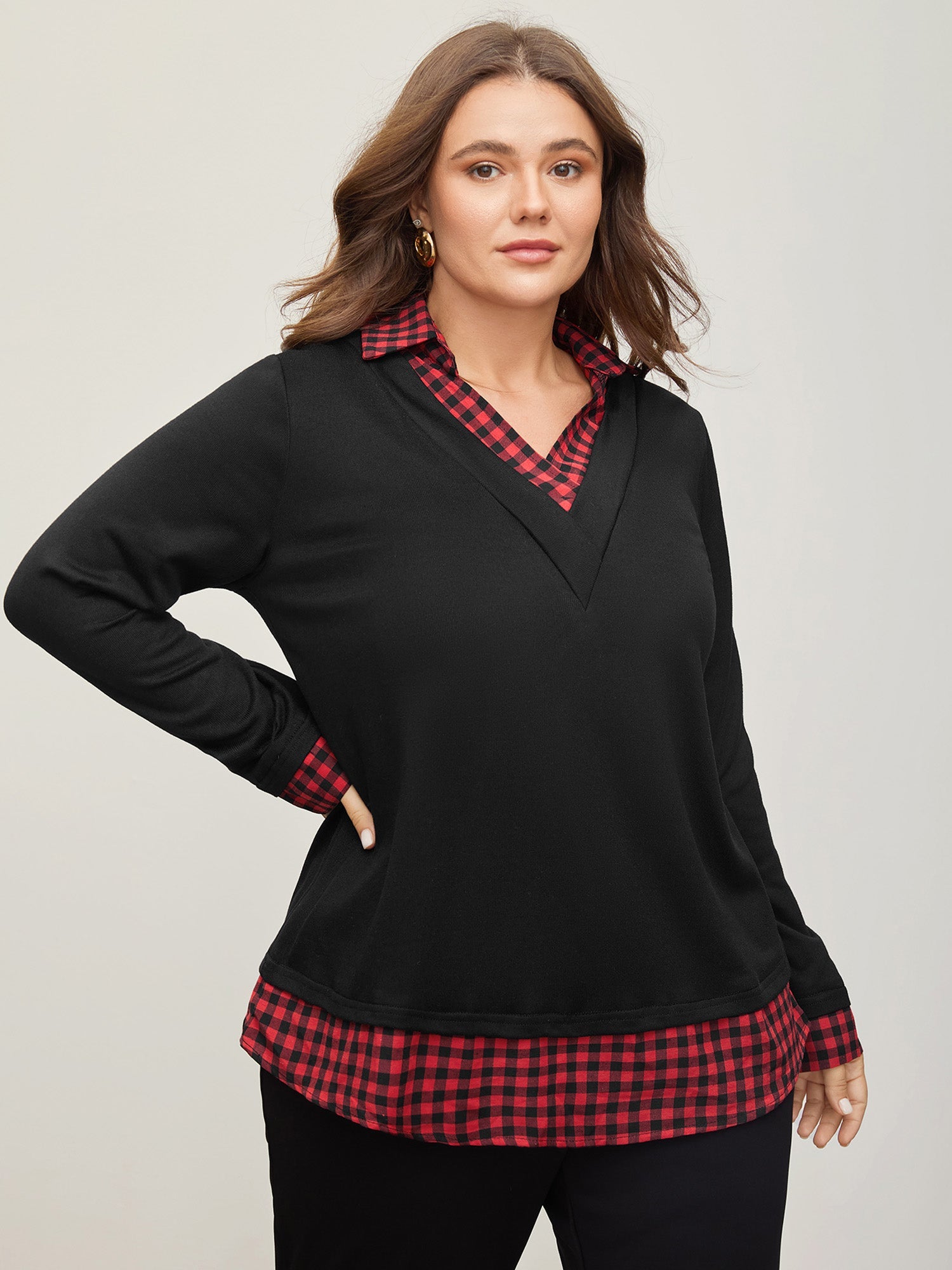 Gingham Patchwork Shirt Collar Arc Hem Sweatshirt