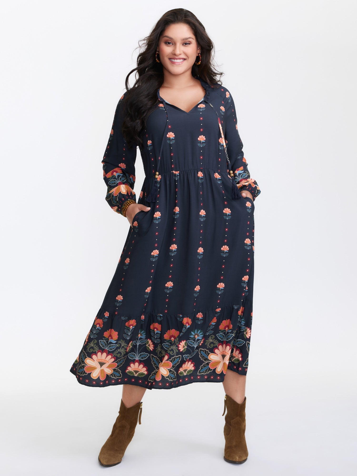 Boho Print Neck Tie Maxi Dress